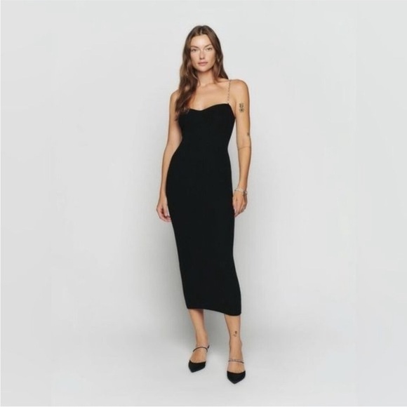 Reformation Elegant cashmere Black Dress with Chain Straps NEW - Picture 3 of 12